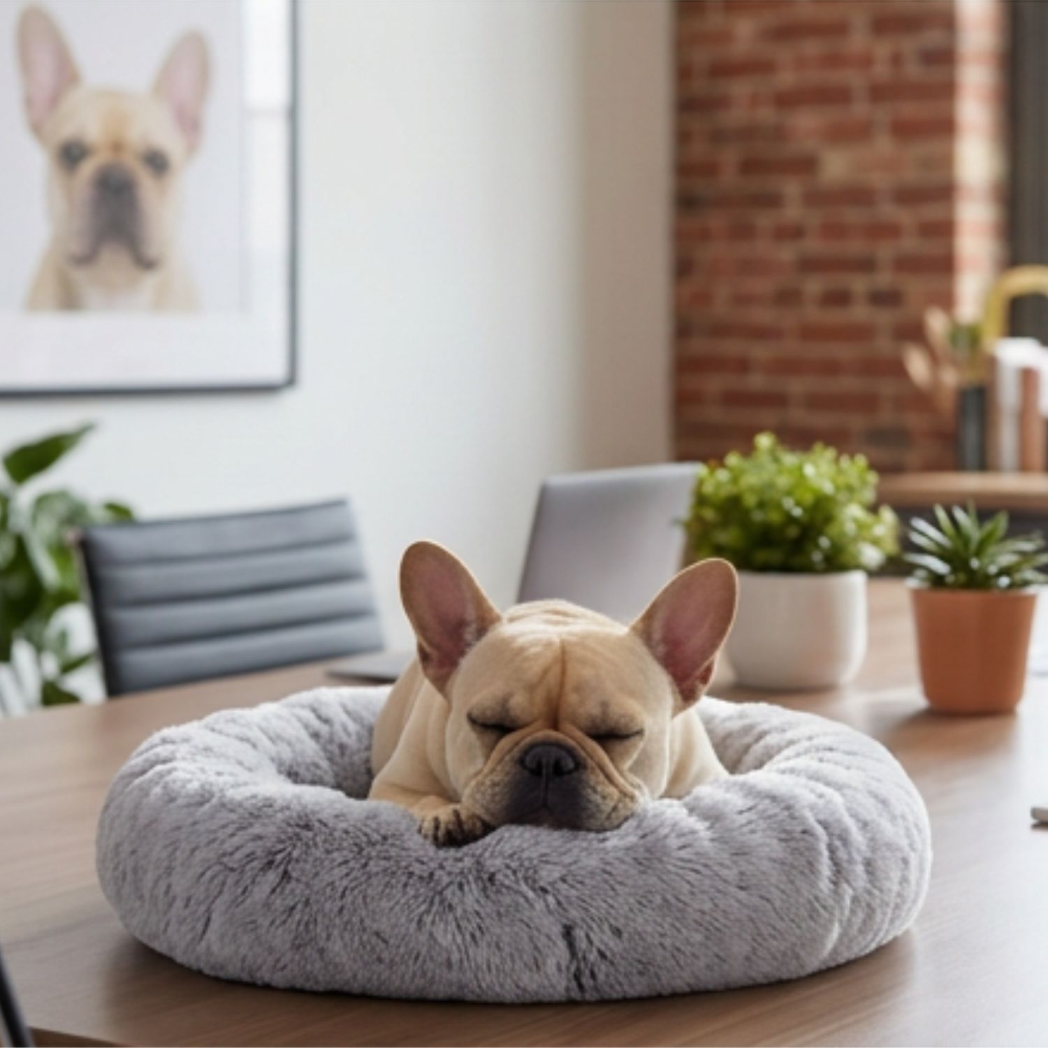 Fifi asleep in a fluffy donut bed on a boardroom table