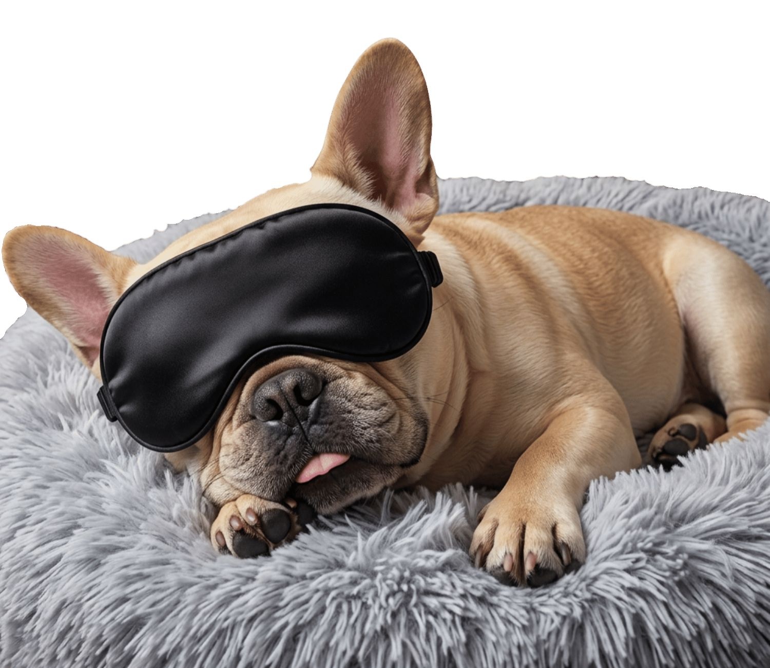 Fifi the French Bulldog napping in a black silk eye mask on a fluffy grey bed